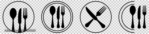 Tableware set icons. Fork, knife, spoon and plate icons. Vector illustration isolated on transparent background