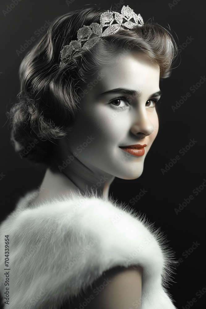 Hyperreal photography, fancy 1960s girl dressed in a mink fur stola with neatly coiffed hear and a diamond tiara - Generative AI Hyperreal photography, fancy 1960s girl dressed in a mink fur stola with neatly coiffed hear and a diamond tiara - Generative AI