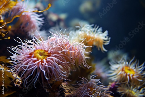 : A delicate ballet of sea anemones swaying gently in the current, creating a mesmerizing display of color and movement.