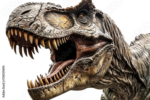 A detailed close-up of a dinosaur with its mouth wide open. This image can be used to depict the ferocity and power of prehistoric creatures