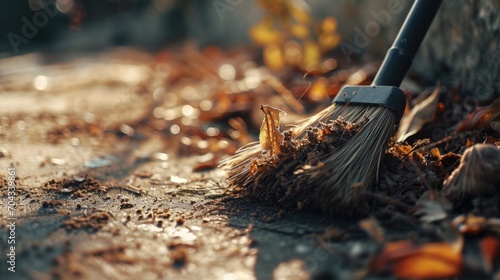 A broom is laying on the ground next to a pile of leaves. Perfect for autumn or yard maintenance themes photo