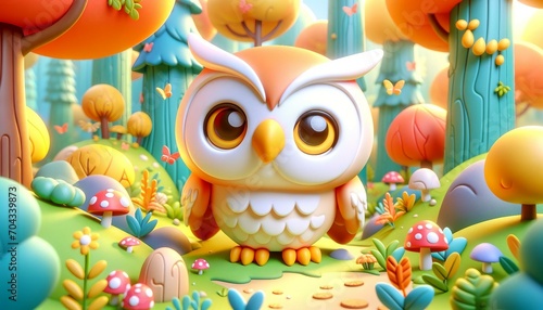 Cartoon owl in a colorful forest setting