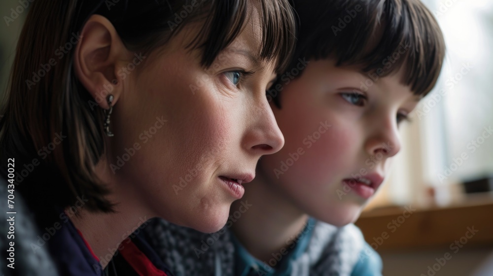 A woman and a young boy are seen looking at a cell phone. This image can be used to illustrate technology usage or the interaction between different generations A woman and a young boy are seen looking at a cell phone. This image can be used to illustrate technology usage or the interaction between different generations