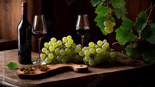 photo of green grapes and a bottle of wine and two glasses, generated by AI