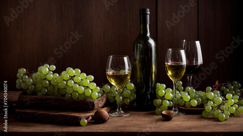 photo of green grapes and a bottle of wine and three glasses on the table, generated by AI
