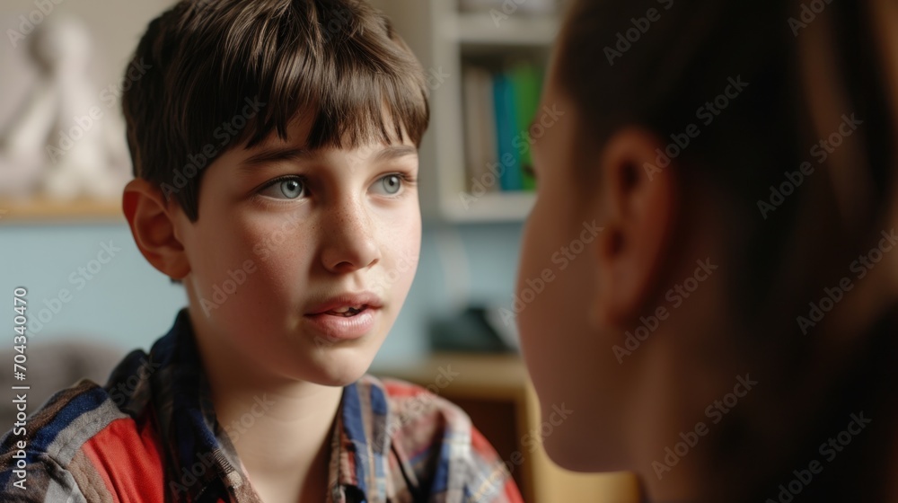 A young boy engages in conversation with a woman. This versatile image can be used to depict a range of concepts and themes A young boy engages in conversation with a woman. This versatile image can be used to depict a range of concepts and themes