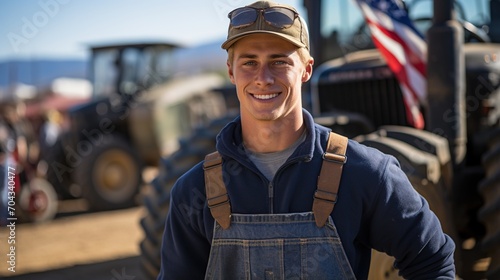 Young male farmer standing in front of tractors photo