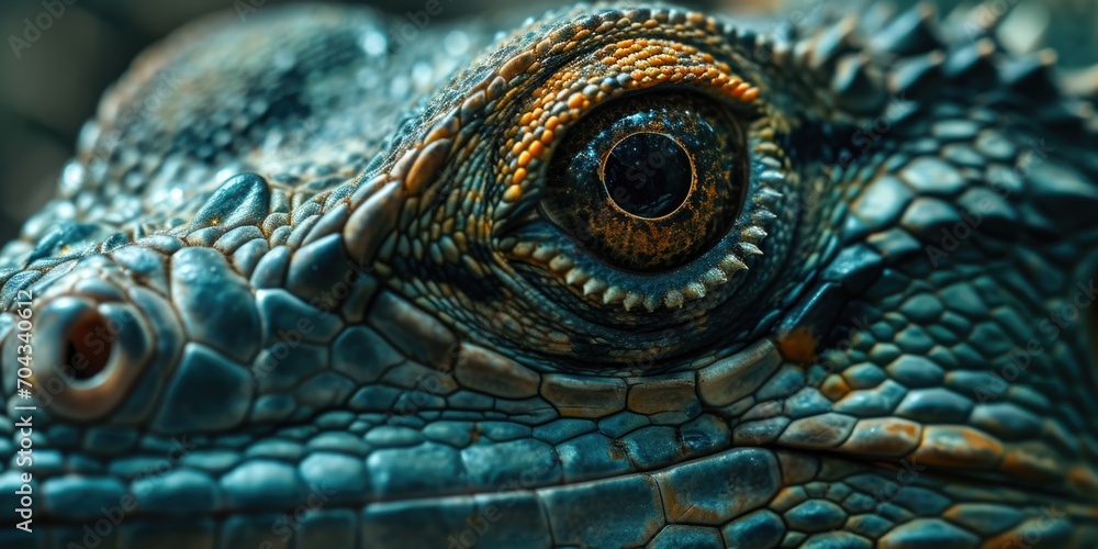 Fototapeta premium A detailed close-up view of a lizard's eye. This image can be used to depict reptiles, wildlife, nature, or close-up photography