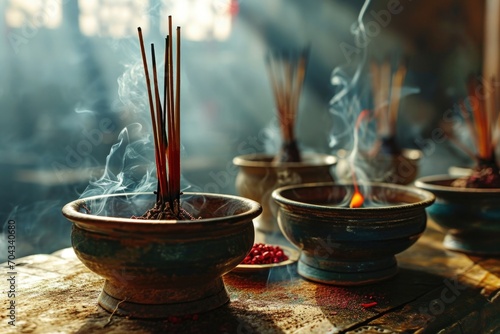 A collection of bowls filled with incense sticks. Suitable for aromatherapy and relaxation purposes