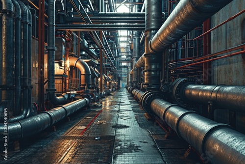 A long hallway filled with numerous pipes. Perfect for industrial or construction themes