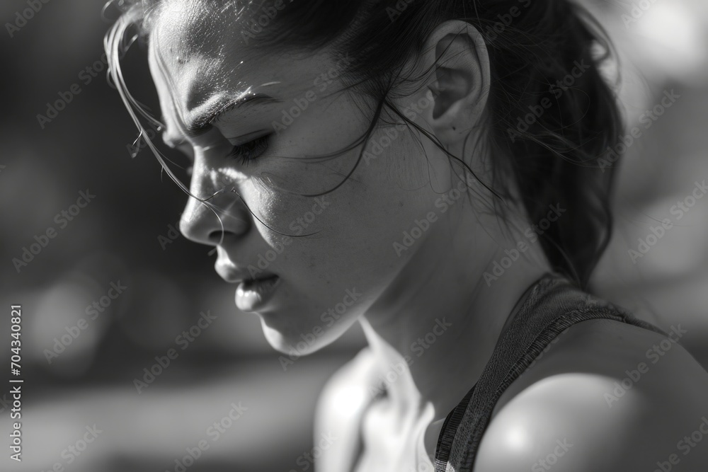 Obraz premium A black and white photo of a woman with her eyes closed. This photo captures a serene and introspective moment. Perfect for meditation or relaxation-themed projects