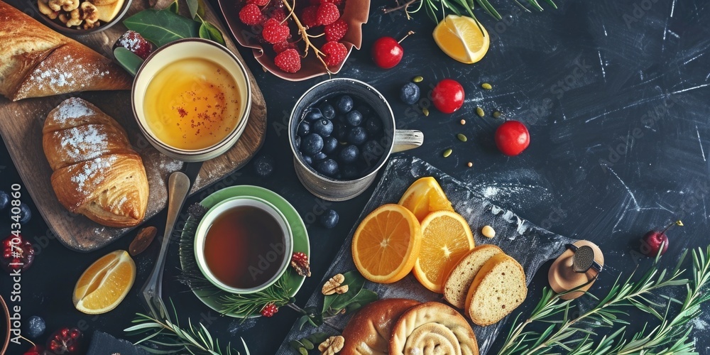 A table adorned with a variety of delicious croissants, juicy oranges, and fresh berries. Perfect for showcasing a delightful breakfast or brunch spread - obrazy, fototapety, plakaty 