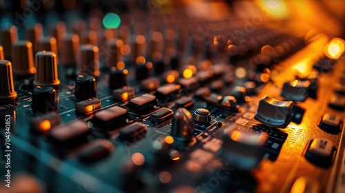 Close-up view of a sound board in a recording studio. Perfect for capturing the intricate details of audio production. Ideal for music industry websites, blogs, and articles photo