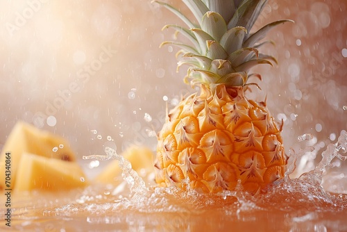 A juicy ripe pineapple drops into the water in bursts of water and droplets against a delicate background