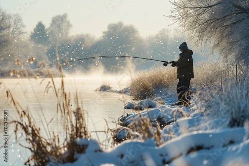 A man fishing on a frozen lake in the winter. Suitable for winter sports or outdoor activities