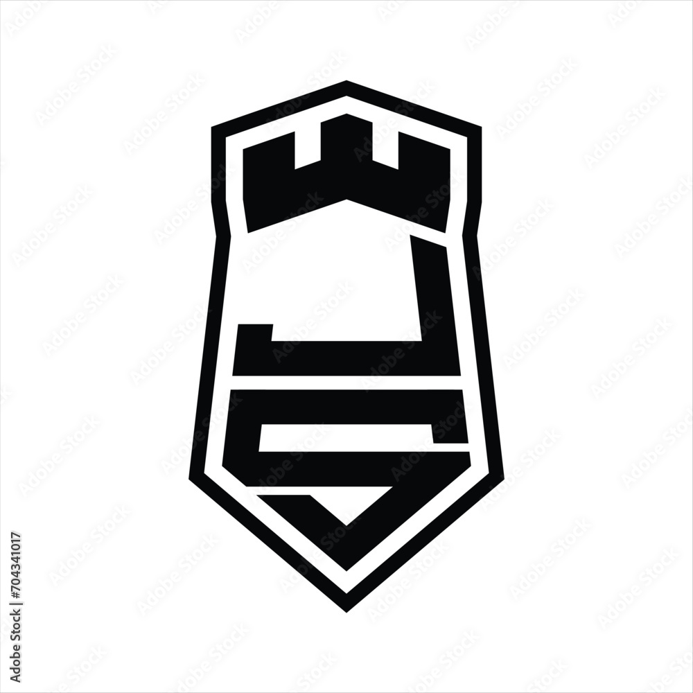 JS Letter Logo monogram hexagon shield shape up and down with crown castle isolated style design JS Letter Logo monogram hexagon shield shape up and down with crown castle isolated style design