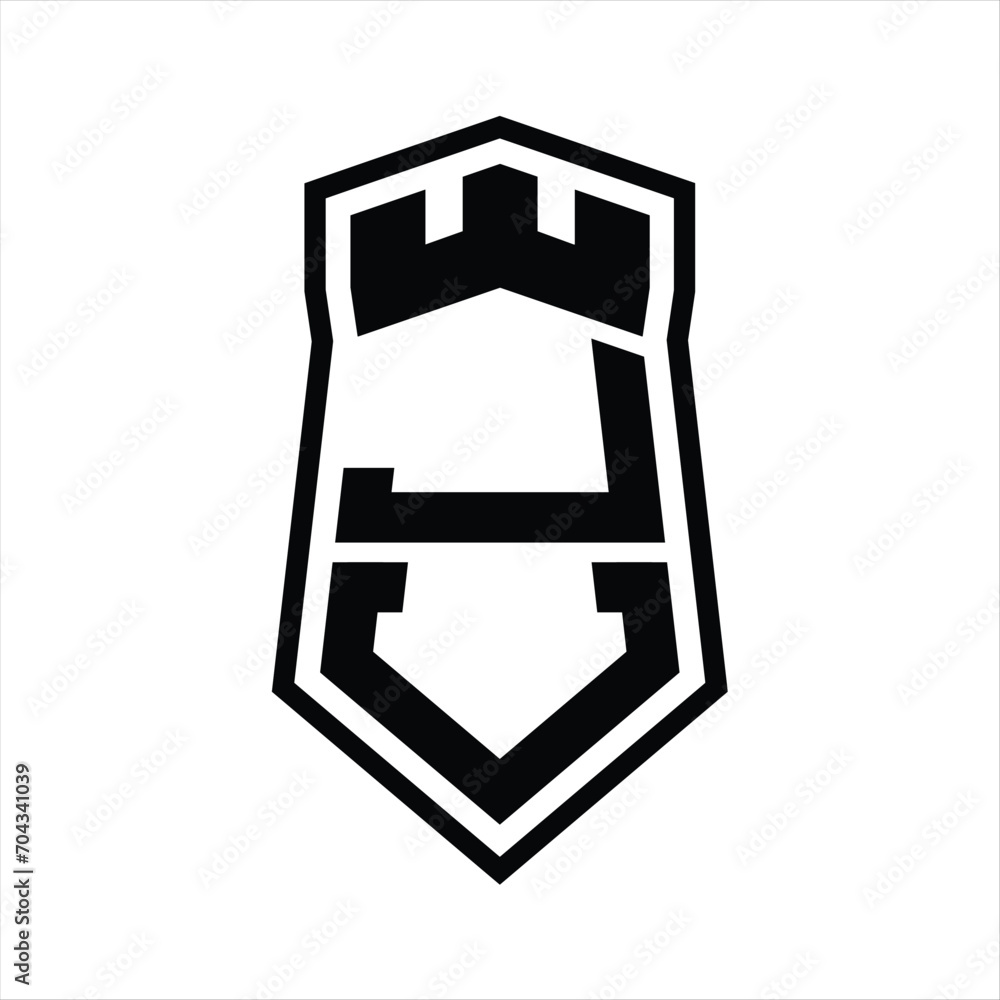 JV Letter Logo monogram hexagon shield shape up and down with crown castle isolated style design JV Letter Logo monogram hexagon shield shape up and down with crown castle isolated style design