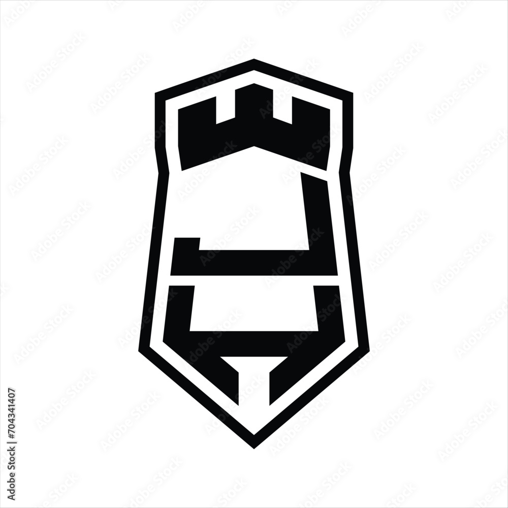 JH Letter Logo monogram hexagon shield shape up and down with crown castle isolated style design JH Letter Logo monogram hexagon shield shape up and down with crown castle isolated style design