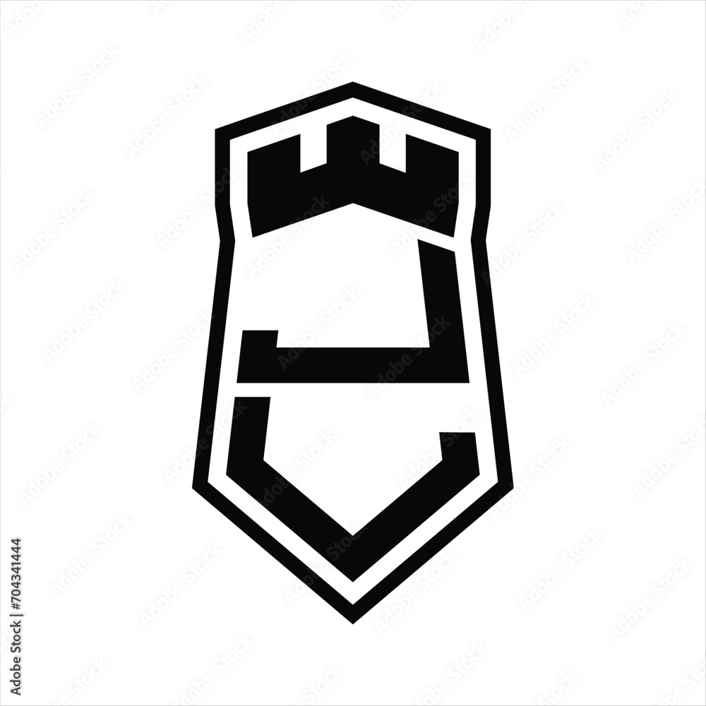 JL Letter Logo monogram hexagon shield shape up and down with crown castle isolated style design JL Letter Logo monogram hexagon shield shape up and down with crown castle isolated style design