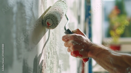 A person using a paint roller to paint a wall. Suitable for home improvement and renovation projects