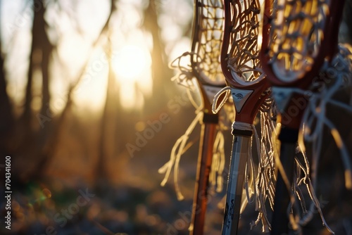 A close up view of a pair of lacrosse sticks. Versatile image for sports websites, magazines, or articles photo