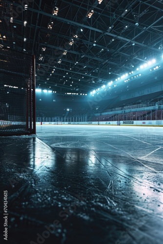 An empty hockey rink illuminated by bright lights. Suitable for sports-related designs and concepts