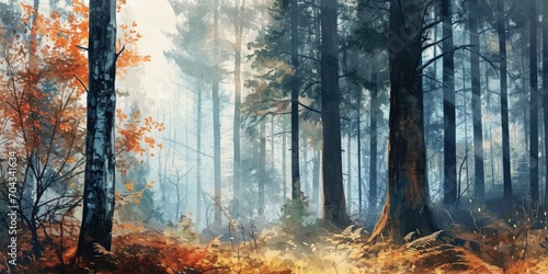 A painting of a forest with tall trees. Ideal for nature enthusiasts and those seeking a peaceful atmosphere