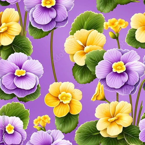Wallpaper Mural Seamless pattern of purple and yellow primula spring flowers on lilac background. First spring flowers bloom, gardening, nature revival and rebirth concept. Early spring, floral postcard, wallpaper Torontodigital.ca