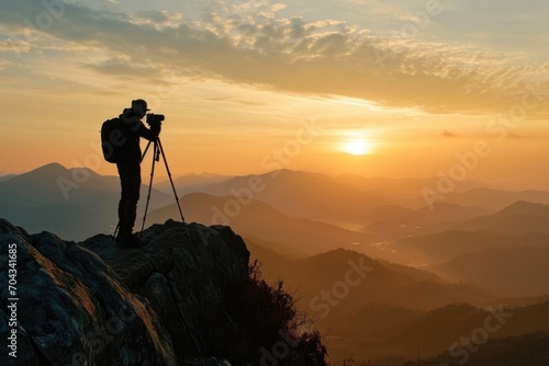 A man standing on top of a mountain, holding a camera. This picture can be used to depict adventure, travel, photography, or capturing beautiful landscapes