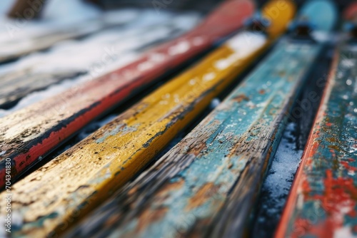 Skis resting on a snowy ground, ready for winter sports. Perfect for winter sport enthusiasts and travel brochures