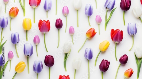 Vibrant tulip blooms: colorful floral display on a clean white background - captivating flat lay image for creative projects


