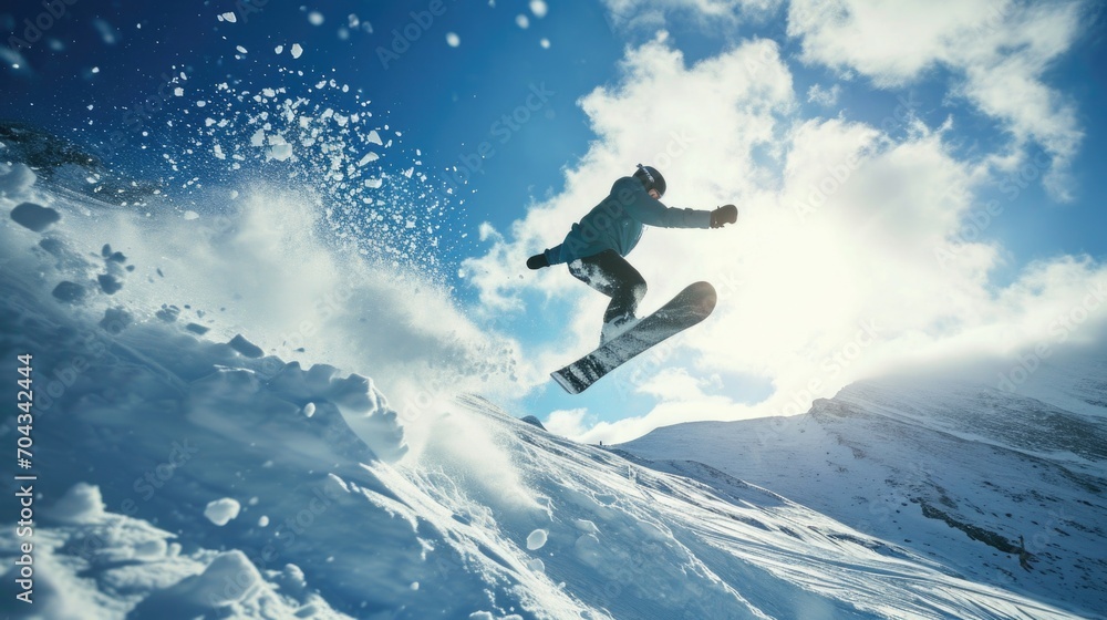 A person on a snowboard performing a mid-air jump. This image can be used to showcase extreme sports and winter activities