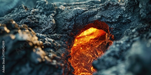 A close-up view of a lava cave with a fiery glow emanating from its depths. Perfect for illustrating the raw power and beauty of nature.