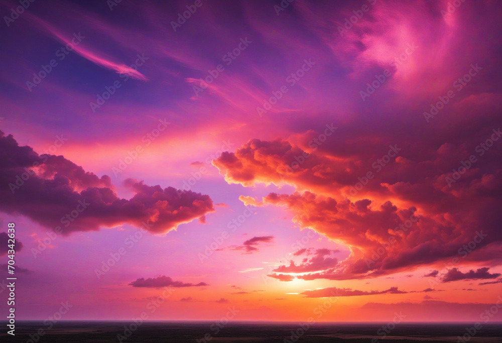  Purple orange pink sunset. Beautiful evening sky with clouds background for design.   