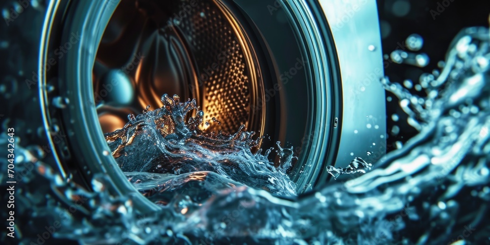 Water coming out of a washing machine. Perfect for illustrating water damage, appliance repair, or household chores. - obrazy, fototapety, plakaty 