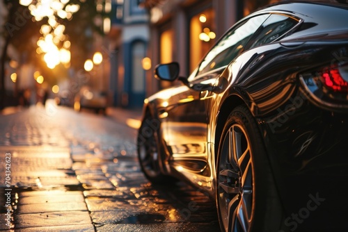 A black sports car parked on the side of a street. Suitable for automotive and transportation themes