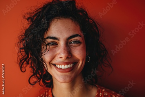 A woman with curly hair smiling at the camera. Suitable for various uses
