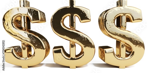 Three golden dollar signs sitting next to each other. Can be used to represent wealth, finance, and money concepts