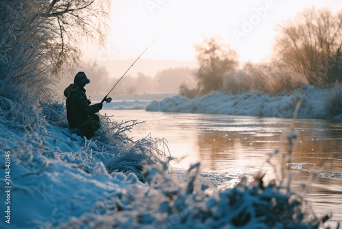 A man is fishing in a frozen river. This picture can be used to depict winter activities or outdoor hobbies