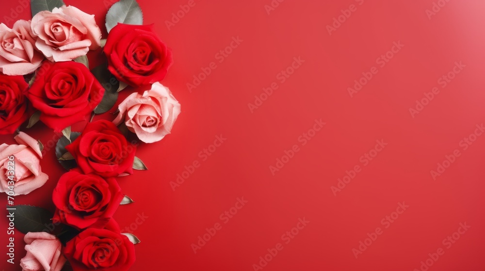 Vibrant red roses in full bloom on a scarlet background – elegant floral composition, copy space available
Vibrant red roses in full bloom on a scarlet background – elegant floral composition, copy space available