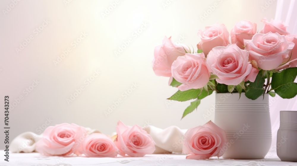 Graceful roses arrangement on white table – elegant floral composition with copy space

