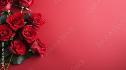 Vibrant red roses in full bloom on a scarlet background     elegant floral composition  copy space available 