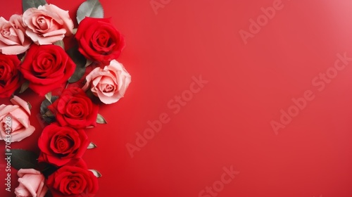 Vibrant red roses in full bloom on a scarlet background     elegant floral composition  copy space available 