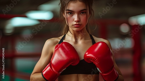 Portrait of a confident young female boxer against a dark studio background.