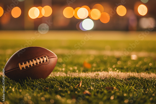 Rugby Ball on Green Grass in Stadium on American Football Field photo