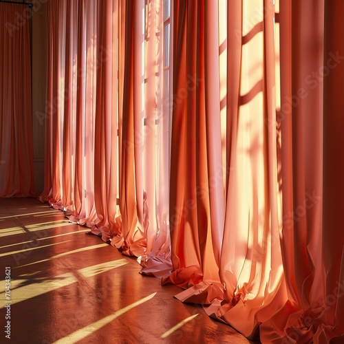 a peach warm fuzz colored background with curtains - ballet yoga studio with sun coming through the window photo