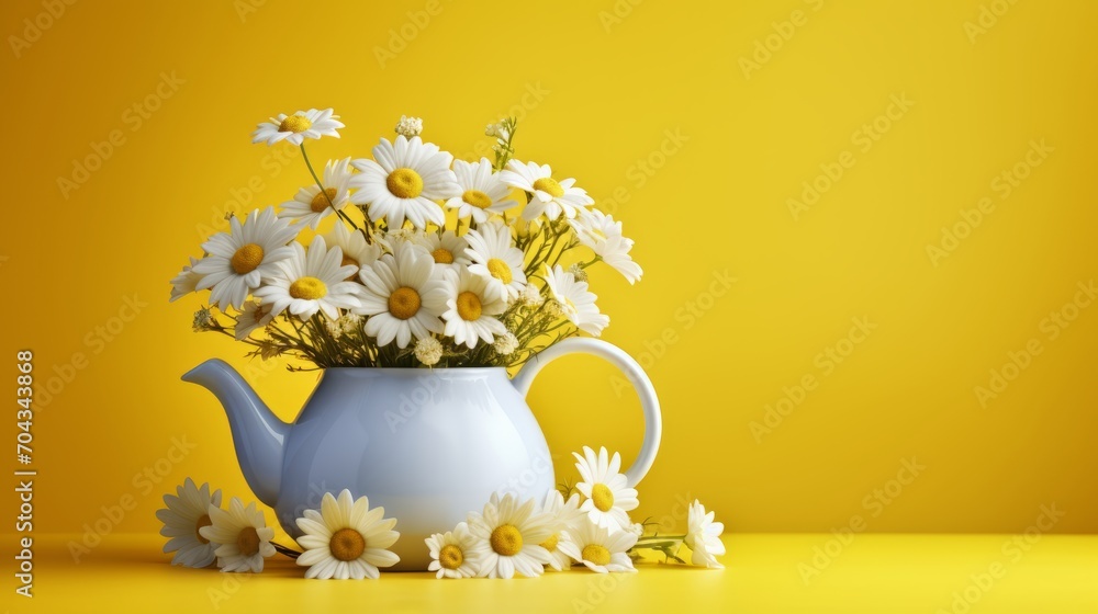 Vibrant spring bliss: 3d render of fresh chamomile bouquet in vintage yellow teapot on a sunny yellow background
