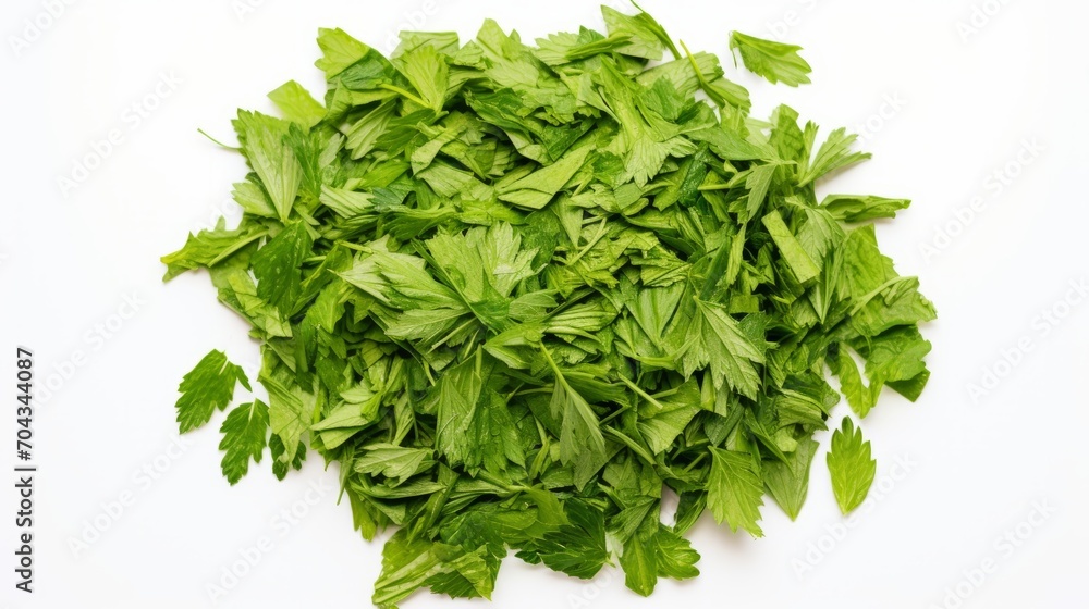 Obraz premium Top view of pile of chopped dry parsley leaves isolated on white - culinary herb, cooking ingredient, food photography