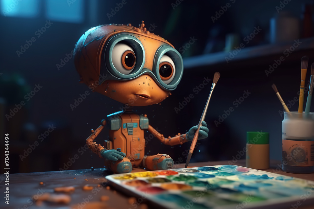 A cute funny cartoon robot tries to paint with oil paints. Generative AI. - obrazy, fototapety, plakaty 