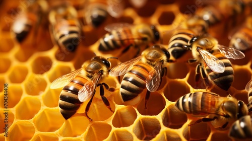 Bustling honeybee activity: close-up view of bees diligently at work on honeycomb cells – nature's harmony and productivity